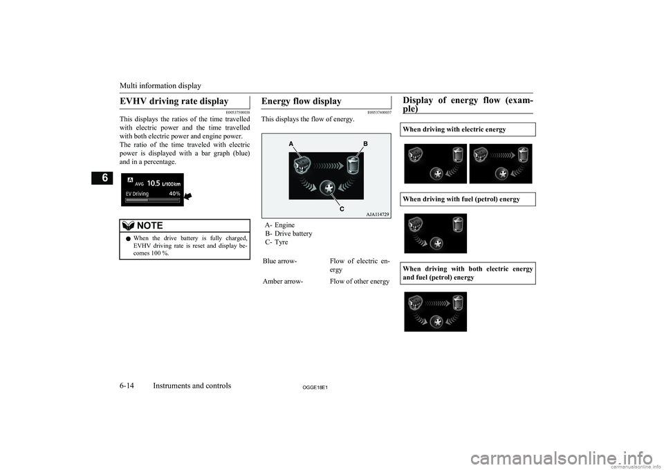MITSUBISHI OUTLANDER PHEV 2018 Owners Manual (in English) EVHV driving rate display
E00537500038
This displays the ratios of the time travelled
with electric power and the time travelledwith both electric power and engine power.
The ratio of MITSUBISHI OUTLANDER PHEV 2018 Owners Manual (in English) EVHV driving rate display
E00537500038
This displays the ratios of the time travelled
with electric power and the time travelledwith both electric power and engine power.
The ratio of