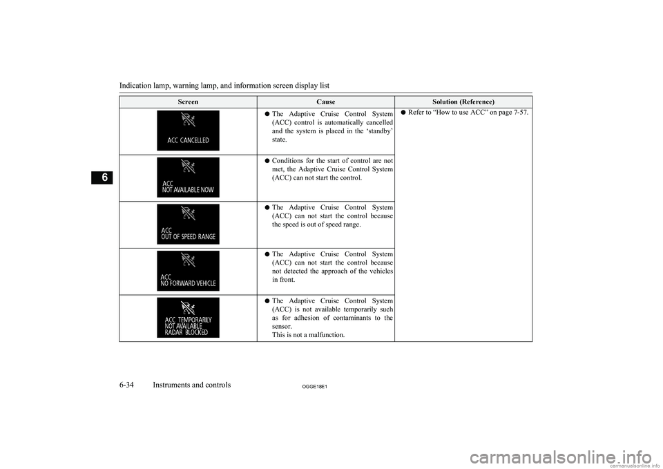 MITSUBISHI OUTLANDER PHEV 2018  Owners Manual (in English) ScreenCauseSolution (Reference)lThe  Adaptive  Cruise  Control  System
(ACC)  control  is  automatically  cancelled
and  the  system  is  placed  in  the  ‘standby’
state.l Refer to “How to use 