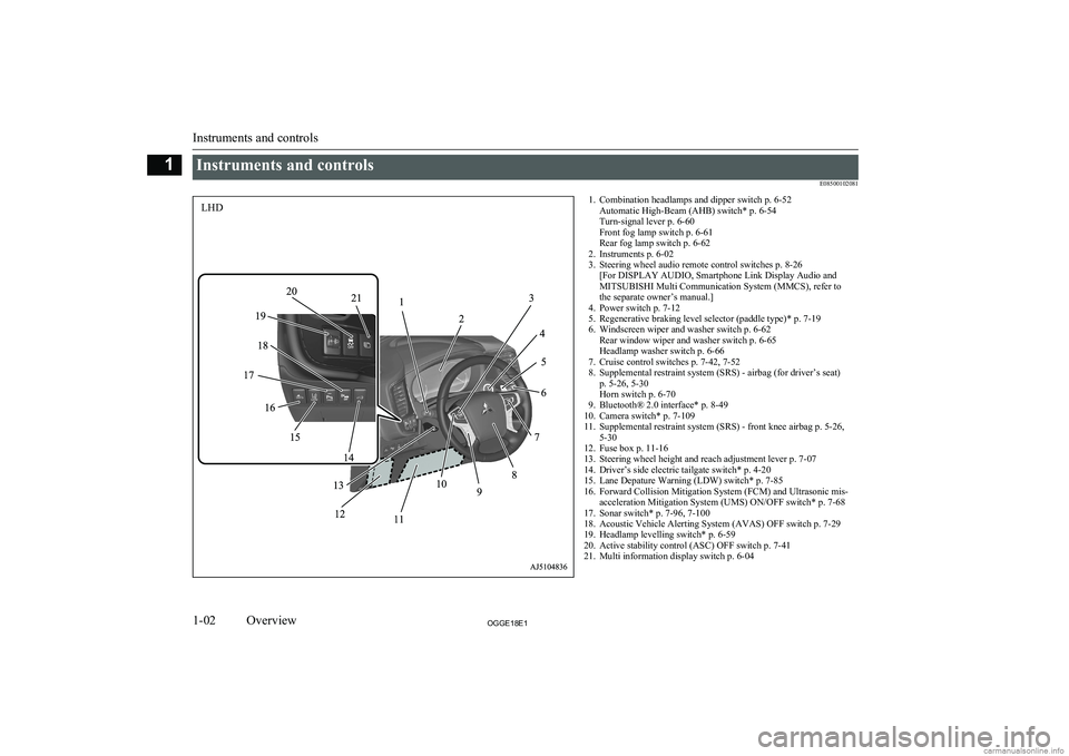 MITSUBISHI OUTLANDER PHEV 2018  Owners Manual (in English) Instruments and controlsE085001020811. Combination headlamps and dipper switch p. 6-52Automatic High-Beam (AHB) switch* p. 6-54
Turn-signal lever p. 6-60
Front fog lamp switch p. 6-61
Rear fog lamp sw