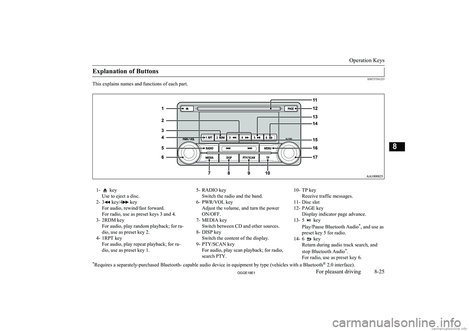 MITSUBISHI OUTLANDER PHEV 2018  Owners Manual (in English) Explanation of Buttons
E00737501255
This explains names and functions of each part.
1- key
Use to eject a disc.
2- 3
 key/4 key
For audio, rewind/fast forward.
For radio, use as preset keys 3 and 4.
3