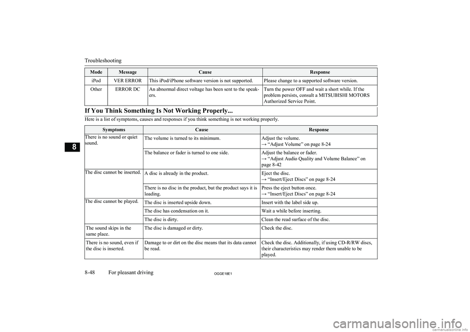MITSUBISHI OUTLANDER PHEV 2018  Owners Manual (in English) ModeMessageCauseResponseiPodVER ERRORThis iPod/iPhone software version is not supported.Please change to a supported software version.OtherERROR DCAn abnormal direct voltage has been sent to the speak