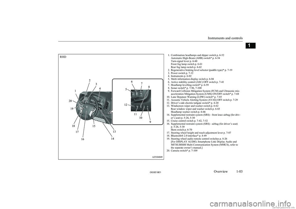 MITSUBISHI OUTLANDER PHEV 2018  Owners Manual (in English) 1. Combination headlamps and dipper switch p. 6-52Automatic High-Beam (AHB) switch* p. 6-54
Turn-signal lever p. 6-60
Front fog lamp switch p. 6-61
Rear fog lamp switch p. 6-62
2. Regenerative braking