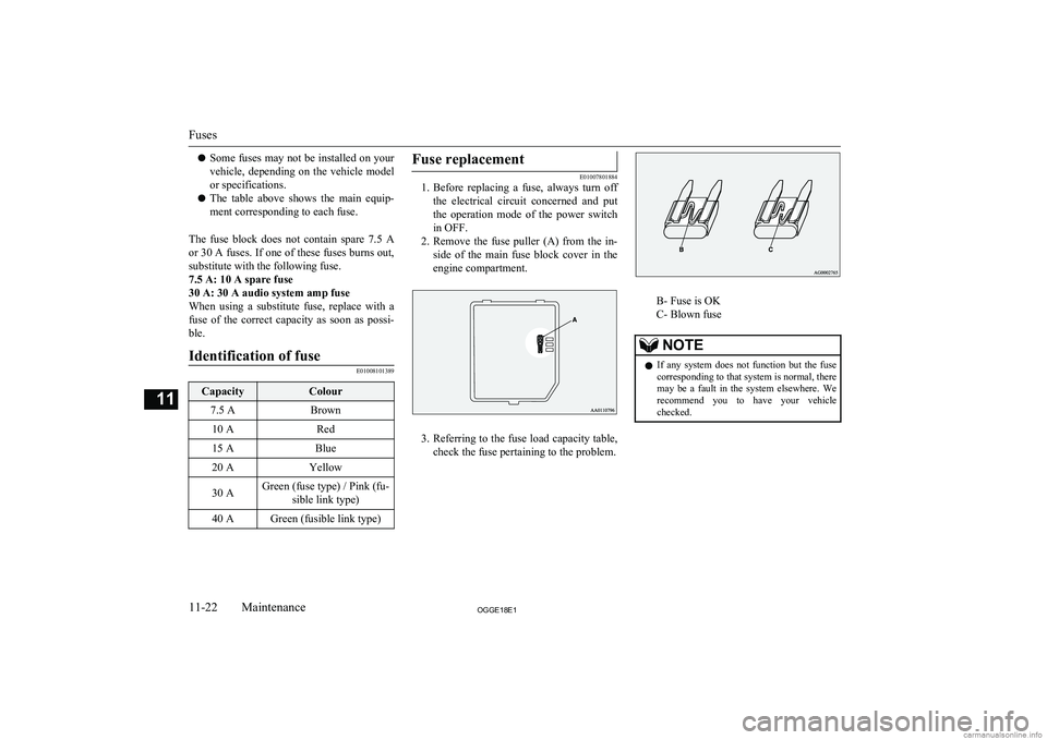 MITSUBISHI OUTLANDER PHEV 2018  Owners Manual (in English) lSome fuses may not be installed on your
vehicle,  depending  on  the  vehicle  model
or specifications.
l The  table  above  shows  the  main  equip-
ment corresponding to each fuse.
The  fuse  block