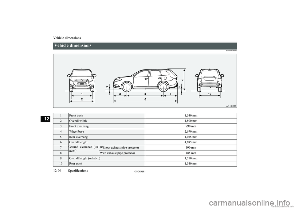 MITSUBISHI OUTLANDER PHEV 2018  Owners Manual (in English) Vehicle dimensionsE011002046471Front track1,540 mm2Overall width1,800 mm3Front overhang990 mm4Wheel base2,670 mm5Rear overhang1,035 mm6Overall length4,695 mm7Ground  clearance  (un-
laden)Without exha