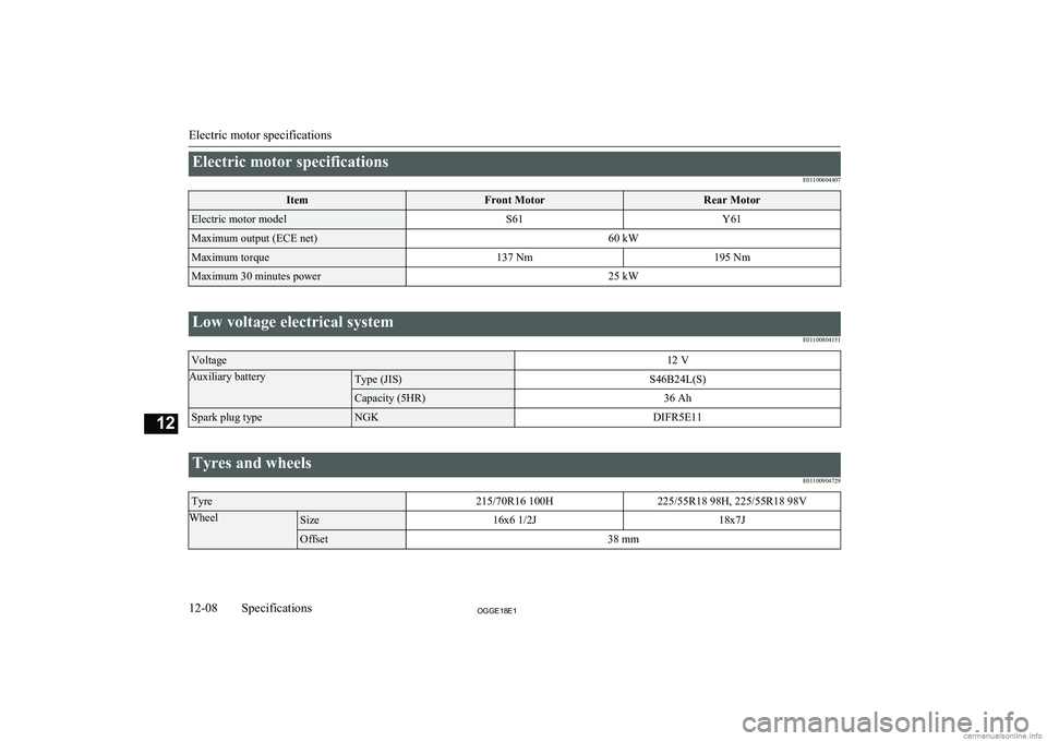MITSUBISHI OUTLANDER PHEV 2018  Owners Manual (in English) Electric motor specificationsE01100604407ItemFront MotorRear MotorElectric motor modelS61Y61Maximum output (ECE net)60 kWMaximum torque137 Nm195 NmMaximum 30 minutes power25 kW
 
Low voltage electrica
