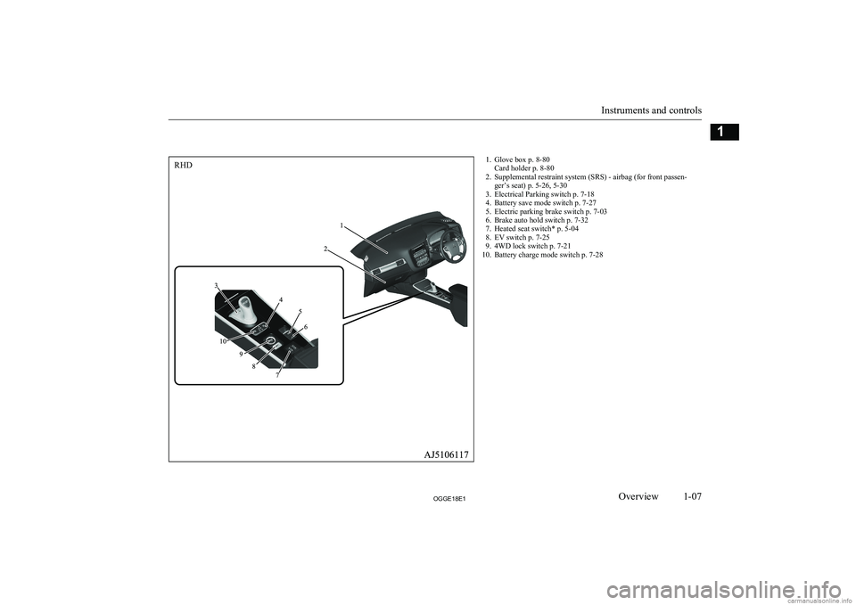 MITSUBISHI OUTLANDER PHEV 2018  Owners Manual (in English) 1. Glove box p. 8-80Card holder p. 8-80
2. Supplemental restraint system (SRS) - airbag (for front passen- ger’s seat) p. 5-26, 5-30
3. Electrical Parking switch p. 7-18
4. Battery save mode switch 