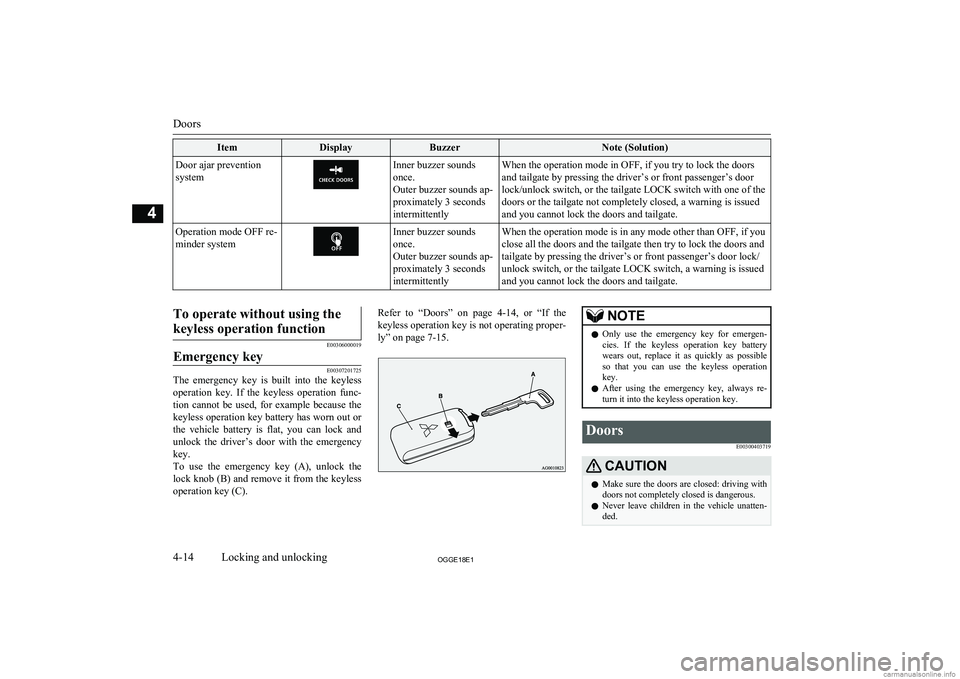 MITSUBISHI OUTLANDER PHEV 2018   (in English) Manual Online ItemDisplayBuzzerNote (Solution)Door ajar prevention
systemInner buzzer sounds
once.
Outer buzzer sounds ap-
proximately 3 seconds
intermittentlyWhen the operation mode in OFF, if you try to lock the 