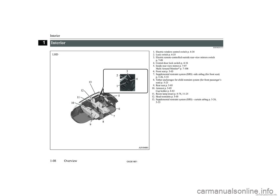 MITSUBISHI OUTLANDER PHEV 2018  Owners Manual (in English) InteriorE085002017111. Electric window control switch p. 4-34
2. Lock switch p. 4-35
3. Electric remote-controlled outside rear-view mirrors switch p. 7-09
4. Central door lock switch p. 4-16
5. Insid