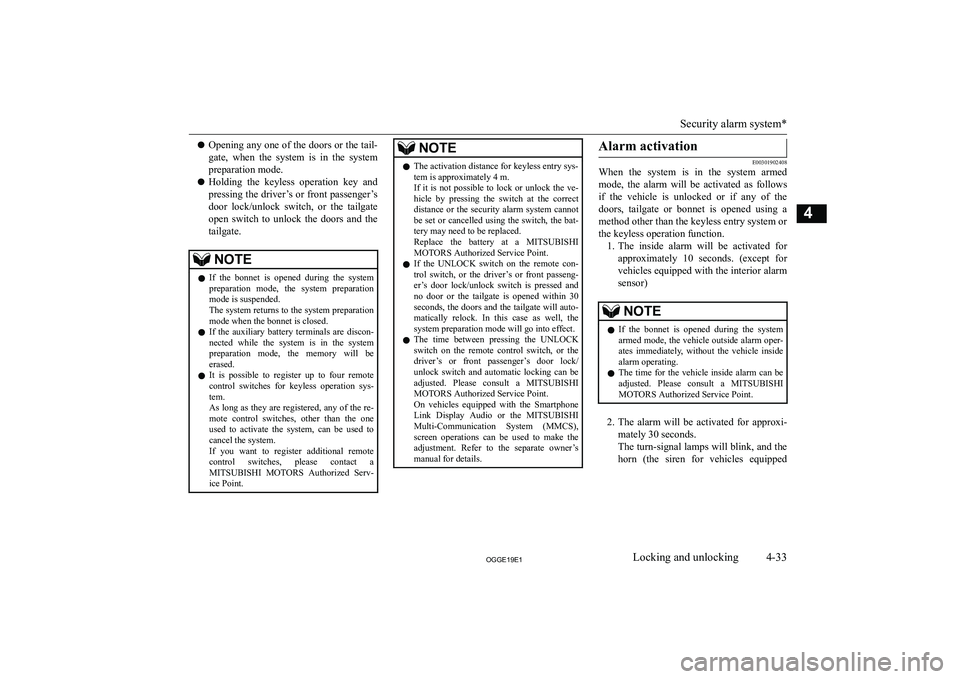MITSUBISHI OUTLANDER PHEV 2019  Owners Manual (in English) �z�O�p�e�n�i�n�g� �a�n�y� �o�n�e� �o�f� �t�h�e� �d�o�o�r�s� �o�r� �t�h�e� �t�a�i�l�-
�g�a�t�e�,�  �w�h�e�n�  �t�h�e�  �s�y�s�t�e�m�  �i�s�  �i�n�  �t�h�e�  �s�y�s�t�e�m
�p�r�e�p�a�r�a�t�i�o�n� �m�o�d�