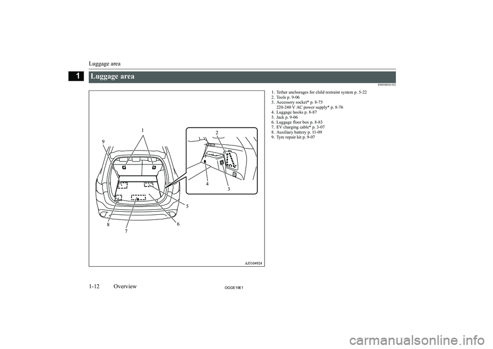 MITSUBISHI OUTLANDER PHEV 2019   (in English) User Guide �L�u�g�g�a�g�e� �a�r�e�a�E�0�8�5�0�0�3�0�1�5�2�3�1�. �T�e�t�h�e�r� �a�n�c�h�o�r�a�g�e�s� �f�o�r� �c�h�i�l�d� �r�e�s�t�r�a�i�n�t� �s�y�s�t�e�m� �p�.� �5�-�2�2
�2�. �T�o�o�l�s� �p�.� �9�-�0�6
�3�. �A�c�