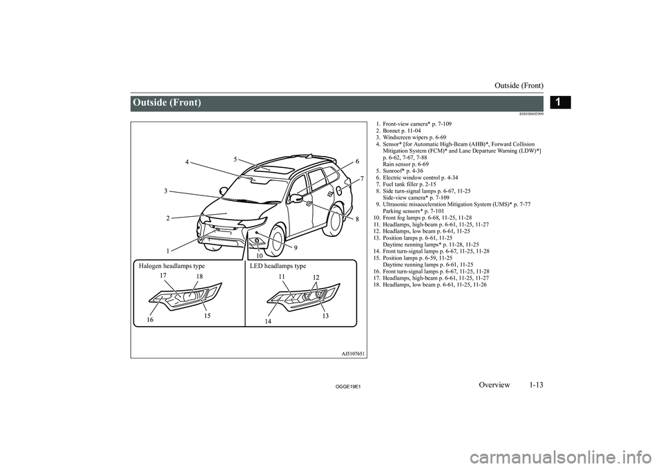 MITSUBISHI OUTLANDER PHEV 2019  Owners Manual (in English) �O�u�t�s�i�d�e� �(�F�r�o�n�t�)�E�0�8�5�0�0�4�0�2�9�0�9�1�. �F�r�o�n�t�-�v�i�e�w� �c�a�m�e�r�a�*� �p�.� �7�-�1�0�9�2�. �B�o�n�n�e�t� �p�.� �1�1�-�0�4
�3�. �W�i�n�d�s�c�r�e�e�n� �w�i�p�e�r�s� �p�.� �6�-