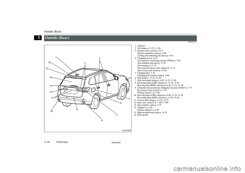 MITSUBISHI OUTLANDER PHEV 2019   (in English) User Guide �O�u�t�s�i�d�e� �(�R�e�a�r�)�E�0�8�5�0�0�4�0�2�9�1�2�1�. �A�n�t�e�n�n�a�2�. �T�a�i�l� �l�a�m�p�s� �p�.� �1�1�-�2�5�,� �1�1�-�3�0
�3�. �K�e�y�l�e�s�s� �e�n�t�r�y� �s�y�s�t�e�m� �p�.� �4�-�0�3 �K�e�y�l�