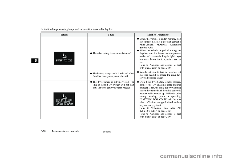 MITSUBISHI OUTLANDER PHEV 2019  Owners Manual (in English) �S�c�r�e�e�n�C�a�u�s�e�S�o�l�u�t�i�o�n� �(�R�e�f�e�r�e�n�c�e�)
�z�T�h�e� �d�r�i�v�e� �b�a�t�t�e�r�y� �t�e�m�p�e�r�a�t�u�r�e� �i�s� �t�o�o� �c�o�l�d�.
�z �W�h�e�n�  �t�h�e�  �v�e�h�i�c�l�e�  �i�s�  �u�