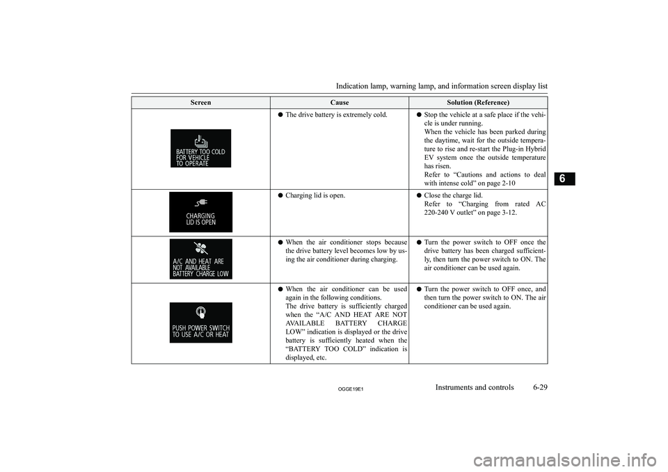 MITSUBISHI OUTLANDER PHEV 2019  Owners Manual (in English) �S�c�r�e�e�n�C�a�u�s�e�S�o�l�u�t�i�o�n� �(�R�e�f�e�r�e�n�c�e�)�z�T�h�e� �d�r�i�v�e� �b�a�t�t�e�r�y� �i�s� �e�x�t�r�e�m�e�l�y� �c�o�l�d�.�z�S�t�o�p� �t�h�e� �v�e�h�i�c�l�e� �a�t� �a� �s�a�f�e� �p�l�a�c