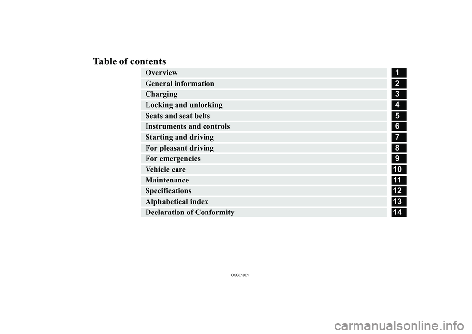 MITSUBISHI OUTLANDER PHEV 2019  Owners Manual (in English) �T�a�b�l�e� �o�f� �c�o�n�t�e�n�t�s�O�v�e�r�v�i�e�w�1�G�e�n�e�r�a�l� �i�n�f�o�r�m�a�t�i�o�n�2�C�h�a�r�g�i�n�g�3�L�o�c�k�i�n�g� �a�n�d� �u�n�l�o�c�k�i�n�g�4�S�e�a�t�s� �a�n�d� �s�e�a�t� �b�e�l�t�s�5�I�n
