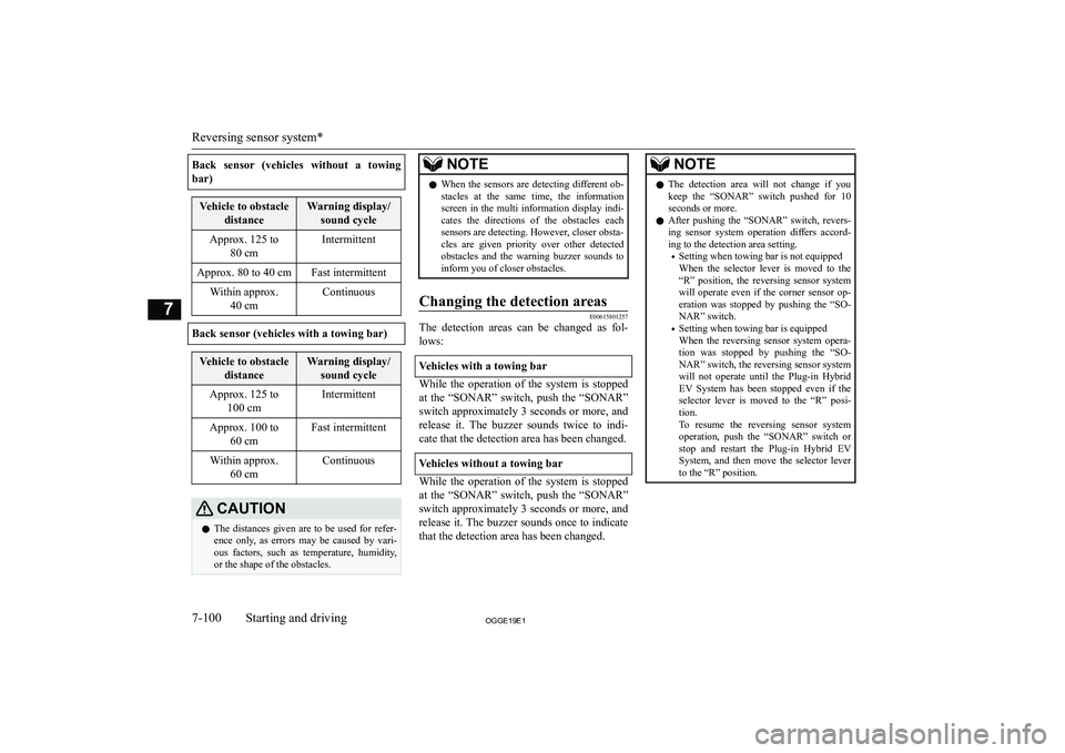 MITSUBISHI OUTLANDER PHEV 2019  Owners Manual (in English) �B�a�c�k�  �s�e�n�s�o�r�  �(�v�e�h�i�c�l�e�s�  �w�i�t�h�o�u�t�  �a�  �t�o�w�i�n�g
�b�a�r�)�V�e�h�i�c�l�e� �t�o� �o�b�s�t�a�c�l�e �d�i�s�t�a�n�c�e�W�a�r�n�i�n�g� �d�i�s�p�l�a�y�/�s�o�u�n�d� �c�y�c�l�e�