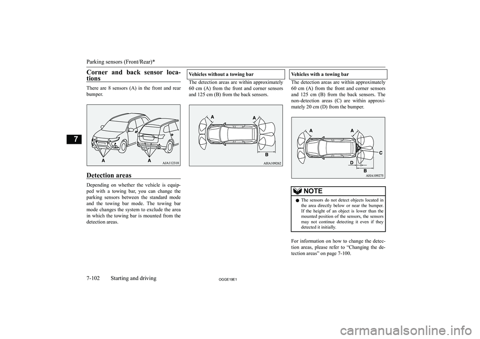 MITSUBISHI OUTLANDER PHEV 2019  Owners Manual (in English) �C�o�r�n�e�r�  �a�n�d�  �b�a�c�k�  �s�e�n�s�o�r�  �l�o�c�a�-�t�i�o�n�s
�T�h�e�r�e�  �a�r�e�  �8�  �s�e�n�s�o�r�s�  �(�A�)�  �i�n�  �t�h�e�  �f�r�o�n�t�  �a�n�d�  �r�e�a�r�b�u�m�p�e�r�.
�D�e�t�e�c�t�i�