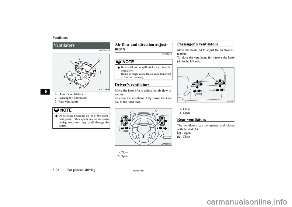 MITSUBISHI OUTLANDER PHEV 2019  Owners Manual (in English) �V�e�n�t�i�l�a�t�o�r�s�E�0�0�7�0�0�1�0�2�3�1�9
�1�- �D�r�i�v�e�r�’�s� �v�e�n�t�i�l�a�t�o�r�s
�2�- �P�a�s�s�e�n�g�e�r�’�s� �v�e�n�t�i�l�a�t�o�r�s
�3�- �R�e�a�r� �v�e�n�t�i�l�a�t�o�r�s
�N�O�T�E�z �D