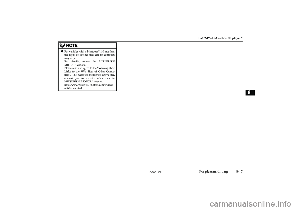 MITSUBISHI OUTLANDER PHEV 2019  Owners Manual (in English) �N�O�T�E�z�F�o�r� �v�e�h�i�c�l�e�s� �w�i�t�h� �a� �B�l�u�e�t�o�o�t�h �