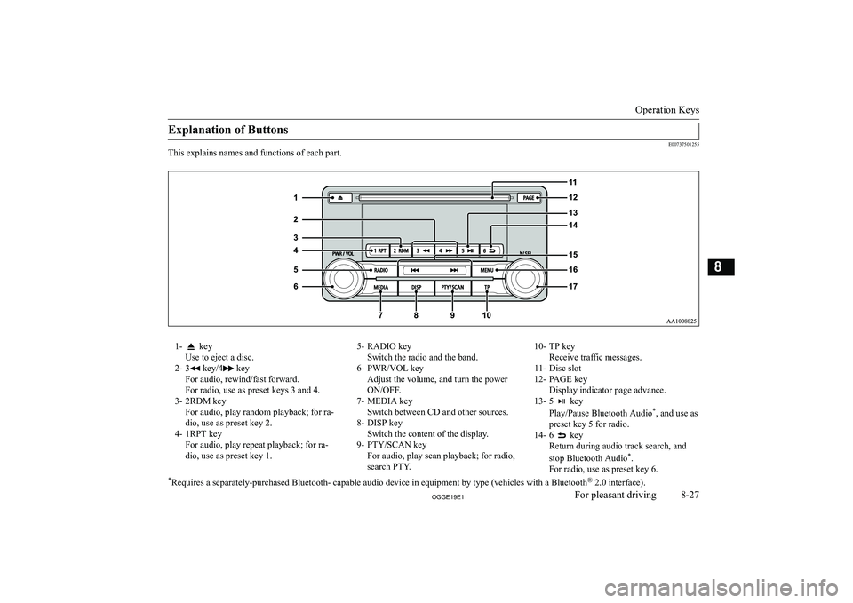 MITSUBISHI OUTLANDER PHEV 2019  Owners Manual (in English) �E�x�p�l�a�n�a�t�i�o�n� �o�f� �B�u�t�t�o�n�s
�E�0�0�7�3�7�5�0�1�2�5�5
�T�h�i�s� �e�x�p�l�a�i�n�s� �n�a�m�e�s� �a�n�d� �f�u�n�c�t�i�o�n�s� �o�f� �e�a�c�h� �p�a�r�t�.
�1�-� �k�e�y
�U�s�e� �t�o� �e�j�e�c