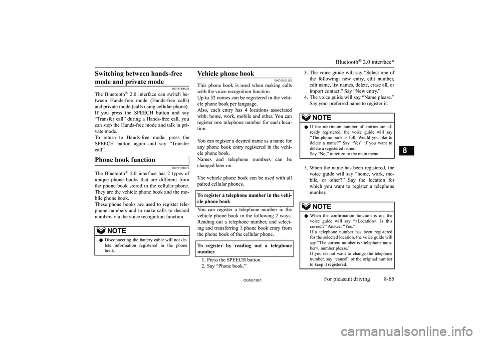 MITSUBISHI OUTLANDER PHEV 2019  Owners Manual (in English) �S�w�i�t�c�h�i�n�g� �b�e�t�w�e�e�n� �h�a�n�d�s�-�f�r�e�e�m�o�d�e� �a�n�d� �p�r�i�v�a�t�e� �m�o�d�e
�E�0�0�7�6�1�4�0�0�0�3�6
�T�h�e�  �B�l�u�e�t�o�o�t�h �