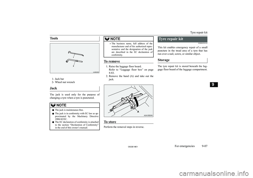 MITSUBISHI OUTLANDER PHEV 2019  Owners Manual (in English) �T�o�o�l�s
�1�- �J�a�c�k� �b�a�r
�2�- �W�h�e�e�l� �n�u�t� �w�r�e�n�c�h
�J�a�c�k
�T�h�e�  �j�a�c�k�  �i�s�  �u�s�e�d�  �o�n�l�y�  �f�o�r�  �t�h�e�  �p�u�r�p�o�s�e�  �o�f
�c�h�a�n�g�i�n�g� �a� �t�y�r�e�