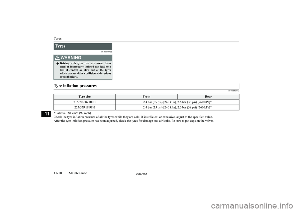 MITSUBISHI OUTLANDER PHEV 2019  Owners Manual (in English) �T�y�r�e�s�E�0�1�0�0�1�3�0�0�2�5�5�:�A�R�N�,�N�G�z�D�r�i�v�i�n�g�  �w�i�t�h�  �t�y�r�e�s�  �t�h�a�t�  �a�r�e�  �w�o�r�n�,�  �d�a�m�-
�a�g�e�d�  �o�r�  �i�m�p�r�o�p�e�r�l�y�  �i�n�f�l�a�t�e�d�  �c�a�n�