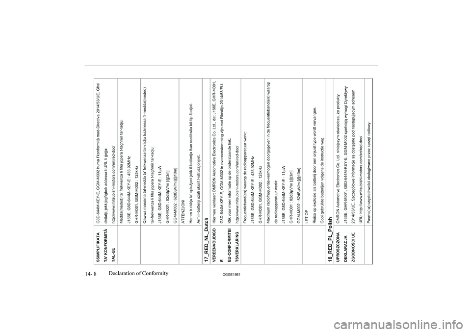 MITSUBISHI OUTLANDER PHEV 2019  Owners Manual (in English) �1�4�-� �8�2�*�*�(���(��D�e�c�l�a�r�a�t�i�o�n� �o�f� �C�o�n�f�o�r�m�i�t�y               