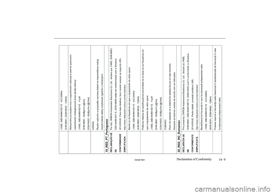 MITSUBISHI OUTLANDER PHEV 2019  Owners Manual (in English) �1�4�-� �9
�2�*�*�(���(��D�e�c�l�a�r�a�t�i�o�n� �o�f� �C�o�n�f�o�r�m�i�t�y               