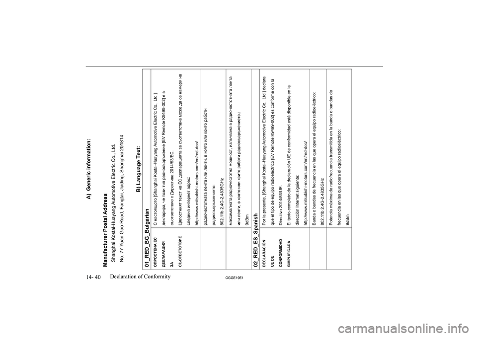 MITSUBISHI OUTLANDER PHEV 2019  Owners Manual (in English) �1�4�-� �4�0�2�*�*�(���(��D�e�c�l�a�r�a�t�i�o�n� �o�f� �C�o�n�f�o�r�m�i�t�y              