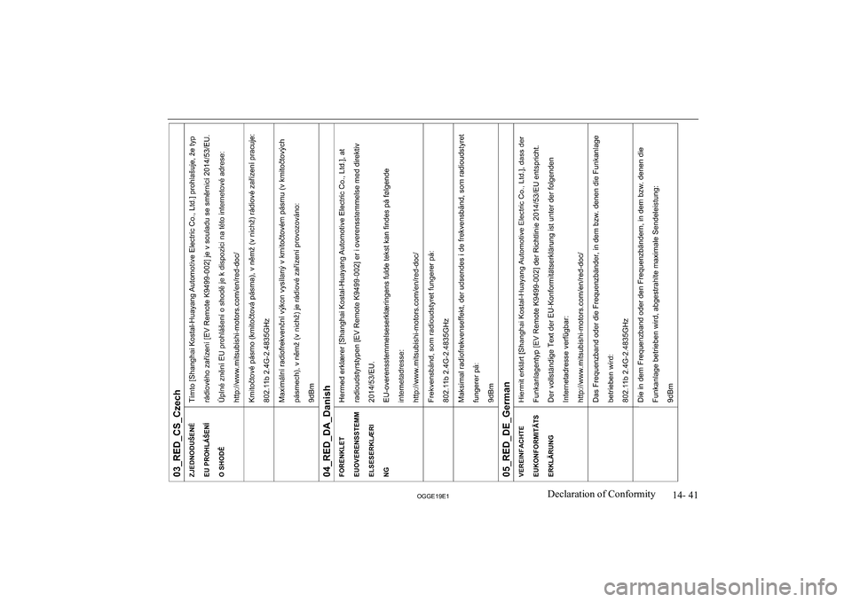 MITSUBISHI OUTLANDER PHEV 2019  Owners Manual (in English) �1�4�-� �4�1
�2�*�*�(���(��D�e�c�l�a�r�a�t�i�o�n� �o�f� �C�o�n�f�o�r�m�i�t�y               