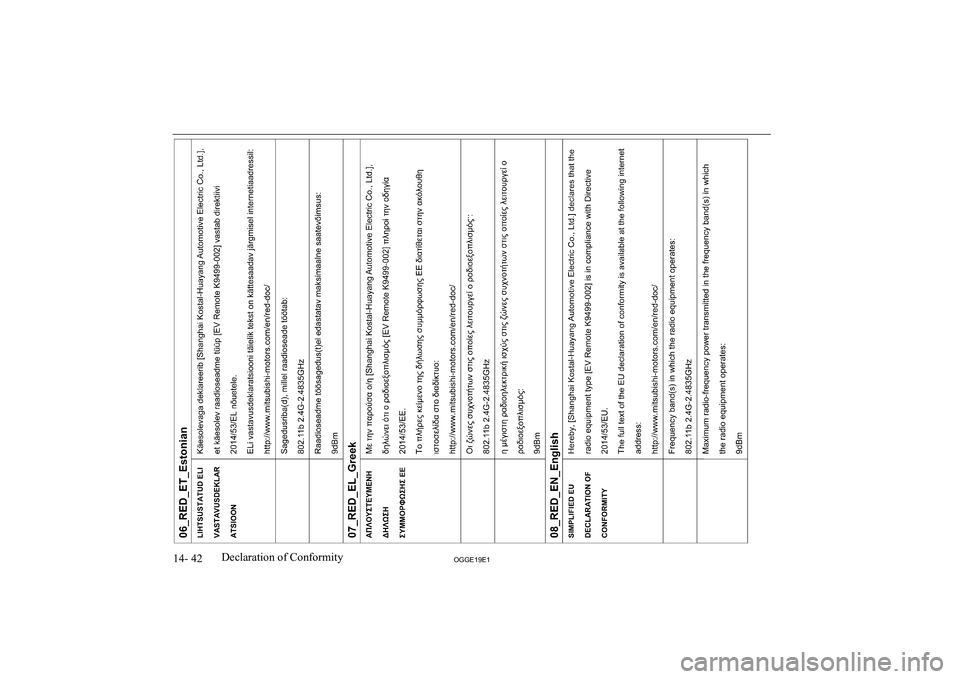 MITSUBISHI OUTLANDER PHEV 2019  Owners Manual (in English) �1�4�-� �4�2�2�*�*�(���(��D�e�c�l�a�r�a�t�i�o�n� �o�f� �C�o�n�f�o�r�m�i�t�y               