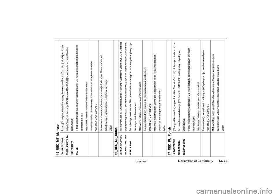 MITSUBISHI OUTLANDER PHEV 2019  Owners Manual (in English) �1�4�-� �4�5
�2�*�*�(���(��D�e�c�l�a�r�a�t�i�o�n� �o�f� �C�o�n�f�o�r�m�i�t�y               