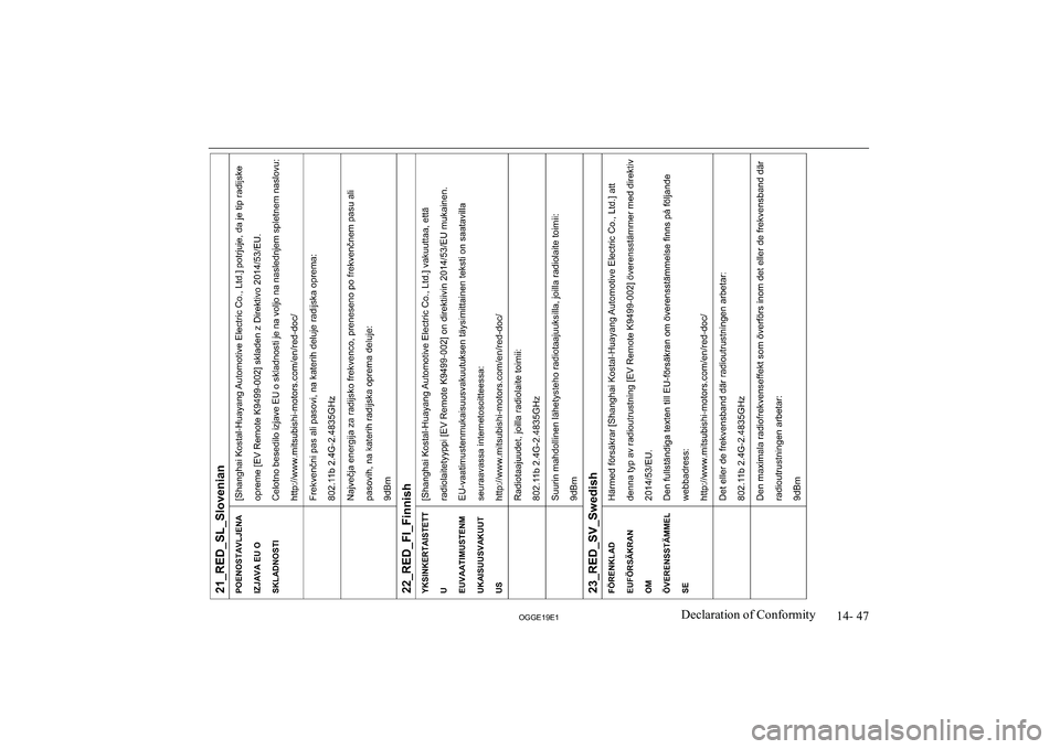 MITSUBISHI OUTLANDER PHEV 2019  Owners Manual (in English) �1�4�-� �4�7
�2�*�*�(���(��D�e�c�l�a�r�a�t�i�o�n� �o�f� �C�o�n�f�o�r�m�i�t�y              