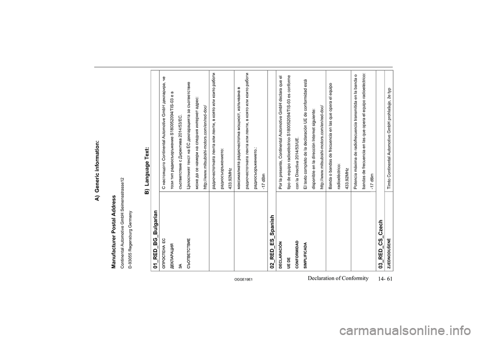 MITSUBISHI OUTLANDER PHEV 2019  Owners Manual (in English) �1�4�-� �6�1
�2�*�*�(���(��D�e�c�l�a�r�a�t�i�o�n� �o�f� �C�o�n�f�o�r�m�i�t�y               