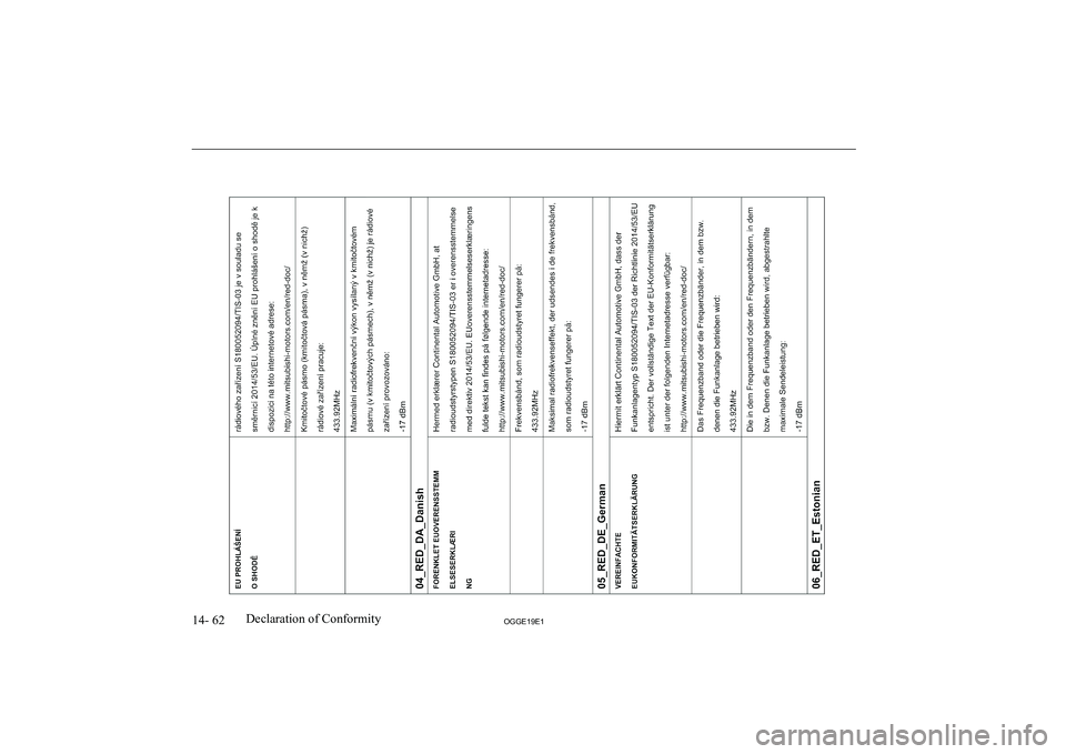 MITSUBISHI OUTLANDER PHEV 2019  Owners Manual (in English) �1�4�-� �6�2�2�*�*�(���(��D�e�c�l�a�r�a�t�i�o�n� �o�f� �C�o�n�f�o�r�m�i�t�y               