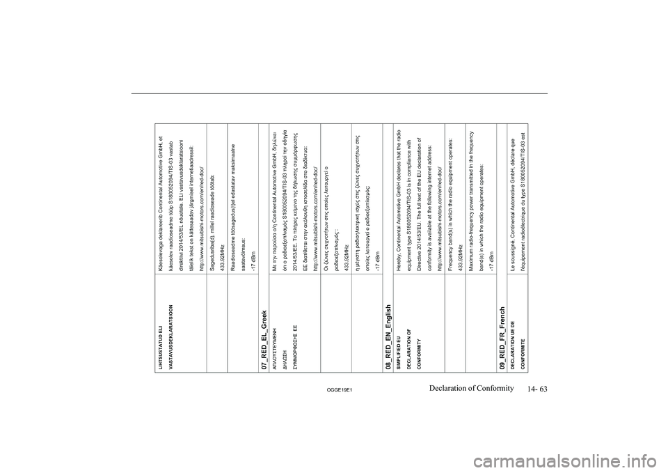 MITSUBISHI OUTLANDER PHEV 2019  Owners Manual (in English) �1�4�-� �6�3
�2�*�*�(���(��D�e�c�l�a�r�a�t�i�o�n� �o�f� �C�o�n�f�o�r�m�i�t�y               