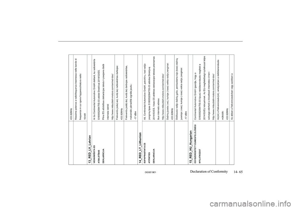 MITSUBISHI OUTLANDER PHEV 2019  Owners Manual (in English) �1�4�-� �6�5
�2�*�*�(���(��D�e�c�l�a�r�a�t�i�o�n� �o�f� �C�o�n�f�o�r�m�i�t�y                