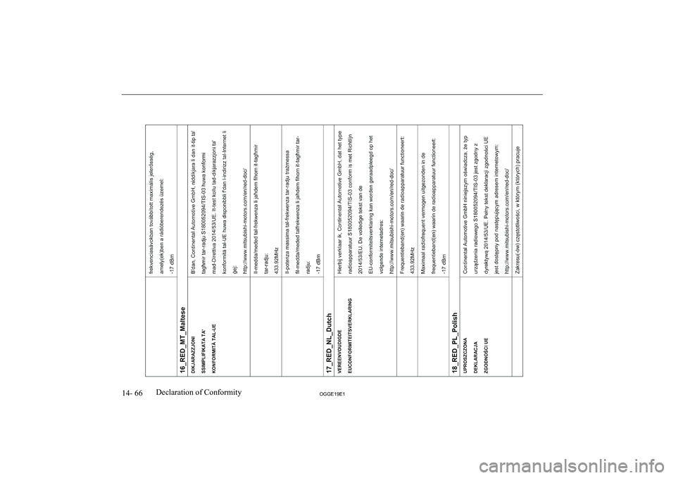 MITSUBISHI OUTLANDER PHEV 2019  Owners Manual (in English) �1�4�-� �6�6�2�*�*�(���(��D�e�c�l�a�r�a�t�i�o�n� �o�f� �C�o�n�f�o�r�m�i�t�y               