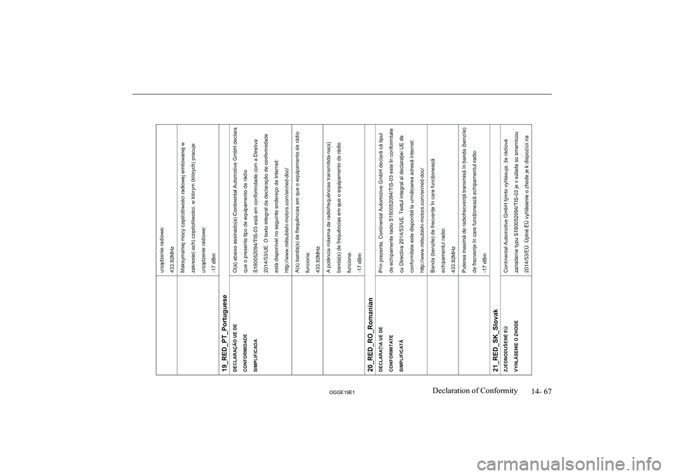 MITSUBISHI OUTLANDER PHEV 2019  Owners Manual (in English) �1�4�-� �6�7
�2�*�*�(���(��D�e�c�l�a�r�a�t�i�o�n� �o�f� �C�o�n�f�o�r�m�i�t�y               