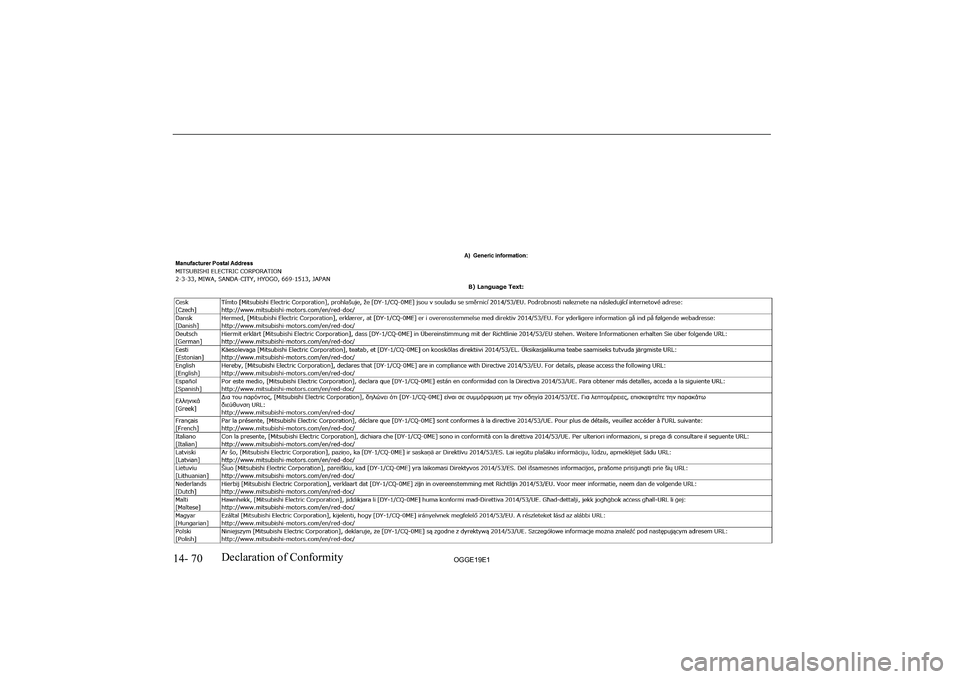 MITSUBISHI OUTLANDER PHEV 2019  Owners Manual (in English) �1�4�-� �7�0�2�*�*�(���(��D�e�c�l�a�r�a�t�i�o�n� �o�f� �C�o�n�f�o�r�m�i�t�y              