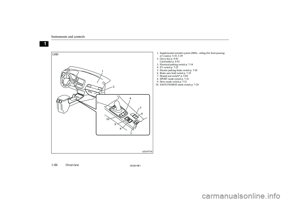 MITSUBISHI OUTLANDER PHEV 2019  Owners Manual (in English) �1�. �S�u�p�p�l�e�m�e�n�t�a�l� �r�e�s�t�r�a�i�n�t� �s�y�s�t�e�m� �(�S�R�S�)� �-� �a�i�r�b�a�g� �(�f�o�r� �f�r�o�n�t� �p�a�s�s�e�n�g�-�e�r�’�s� �s�e�a�t�)� �p�.� �5�-�2�5�,� �5�-�2�9
�2�. �G�l�o�v�e�