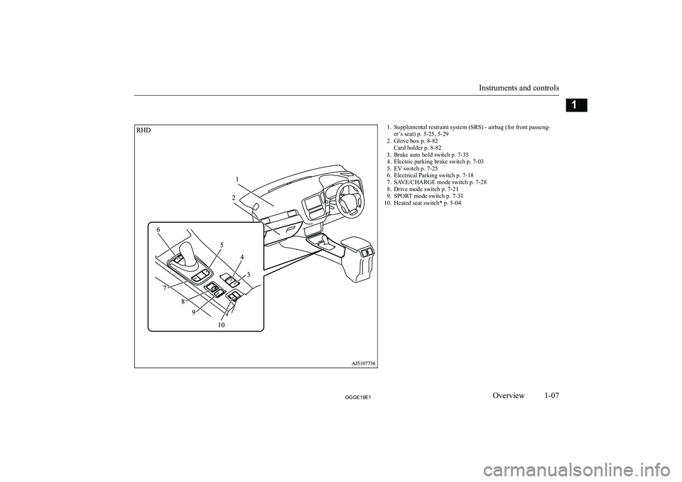 MITSUBISHI OUTLANDER PHEV 2019  Owners Manual (in English) �1�. �S�u�p�p�l�e�m�e�n�t�a�l� �r�e�s�t�r�a�i�n�t� �s�y�s�t�e�m� �(�S�R�S�)� �-� �a�i�r�b�a�g� �(�f�o�r� �f�r�o�n�t� �p�a�s�s�e�n�g�-�e�r�’�s� �s�e�a�t�)� �p�.� �5�-�2�5�,� �5�-�2�9
�2�. �G�l�o�v�e�