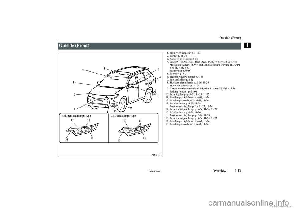 MITSUBISHI OUTLANDER PHEV 2020   (in English) User Guide �O�u�t�s�i�d�e� �(�F�r�o�n�t�)�1�. �F�r�o�n�t�-�v�i�e�w� �c�a�m�e�r�a�*� �p�.� �7�-�1�0�9
�2�. �B�o�n�n�e�t� �p�.� �1�1�-�0�4
�3�. �W�i�n�d�s�c�r�e�e�n� �w�i�p�e�r�s� �p�.� �6�-�6�8
�4�. �S�e�n�s�o�r�