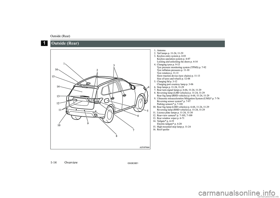 MITSUBISHI OUTLANDER PHEV 2020   (in English) User Guide �O�u�t�s�i�d�e� �(�R�e�a�r�)�1�. �A�n�t�e�n�n�a
�2�. �T�a�i�l� �l�a�m�p�s� �p�.� �1�1�-�2�4�,� �1�1�-�2�9
�3�. �K�e�y�l�e�s�s� �e�n�t�r�y� �s�y�s�t�e�m� �p�.� �4�-�0�3 �K�e�y�l�e�s�s� �o�p�e�r�a�t�i�o