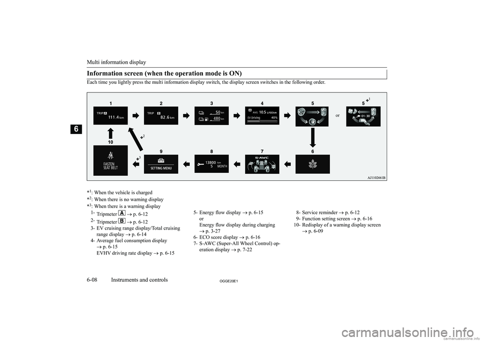 MITSUBISHI OUTLANDER PHEV 2020  Owners Manual (in English) �I�n�f�o�r�m�a�t�i�o�n� �s�c�r�e�e�n� �(�w�h�e�n� �t�h�e� �o�p�e�r�a�t�i�o�n� �m�o�d�e� �i�s� �O�N�)
�E�a�c�h� �t�i�m�e� �y�o�u� �l�i�g�h�t�l�y� �p�r�e�s�s� �t�h�e� �m�u�l�t�i� �i�n�f�o�r�m�a�t�i�o�n�