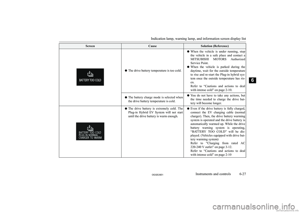 MITSUBISHI OUTLANDER PHEV 2020  Owners Manual (in English) �S�c�r�e�e�n�C�a�u�s�e�S�o�l�u�t�i�o�n� �(�R�e�f�e�r�e�n�c�e�)
�z�T�h�e� �d�r�i�v�e� �b�a�t�t�e�r�y� �t�e�m�p�e�r�a�t�u�r�e� �i�s� �t�o�o� �c�o�l�d�.
�z �W�h�e�n�  �t�h�e�  �v�e�h�i�c�l�e�  �i�s�  �u�