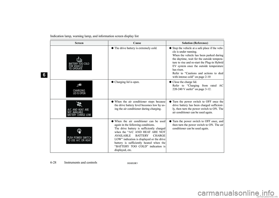 MITSUBISHI OUTLANDER PHEV 2020  Owners Manual (in English) �S�c�r�e�e�n�C�a�u�s�e�S�o�l�u�t�i�o�n� �(�R�e�f�e�r�e�n�c�e�)�z�T�h�e� �d�r�i�v�e� �b�a�t�t�e�r�y� �i�s� �e�x�t�r�e�m�e�l�y� �c�o�l�d�.�z�S�t�o�p� �t�h�e� �v�e�h�i�c�l�e� �a�t� �a� �s�a�f�e� �p�l�a�c