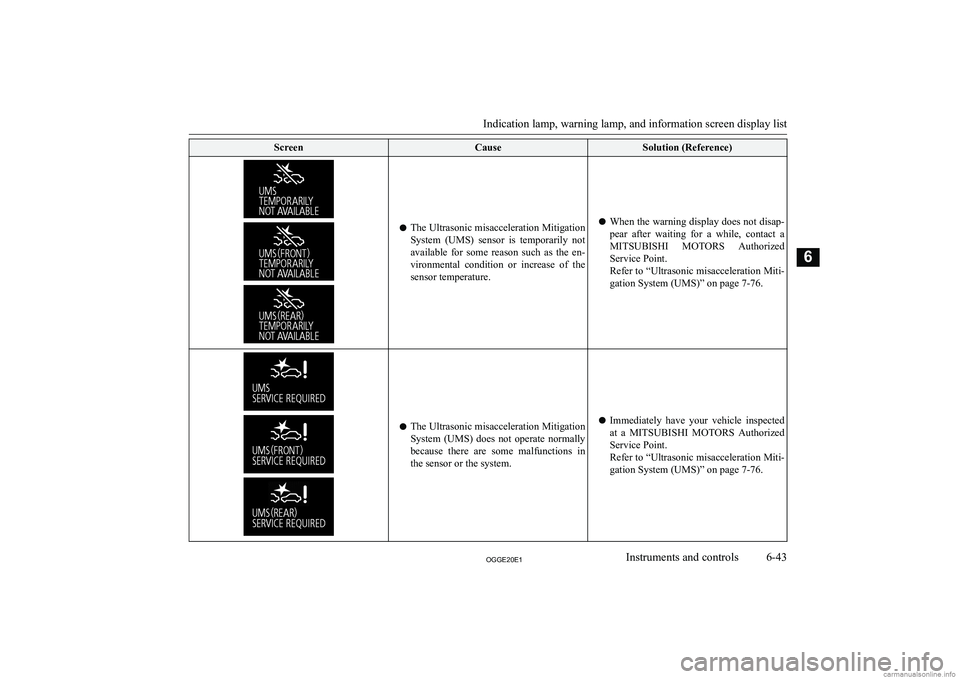 MITSUBISHI OUTLANDER PHEV 2020  Owners Manual (in English) �S�c�r�e�e�n�C�a�u�s�e�S�o�l�u�t�i�o�n� �(�R�e�f�e�r�e�n�c�e�)
�z�T�h�e� �U�l�t�r�a�s�o�n�i�c� �m�i�s�a�c�c�e�l�e�r�a�t�i�o�n� �M�i�t�i�g�a�t�i�o�n
�S�y�s�t�e�m�  �(�U�M�S�)�  �s�e�n�s�o�r�  �i�s�  �t