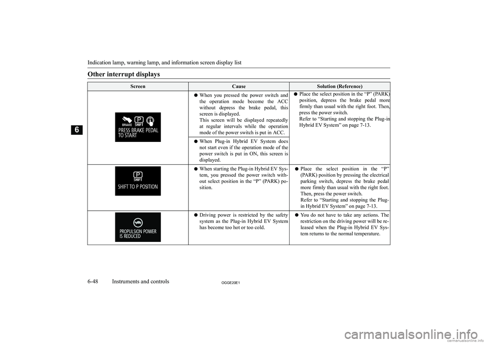 MITSUBISHI OUTLANDER PHEV 2020  Owners Manual (in English) �O�t�h�e�r� �i�n�t�e�r�r�u�p�t� �d�i�s�p�l�a�y�s�S�c�r�e�e�n�C�a�u�s�e�S�o�l�u�t�i�o�n� �(�R�e�f�e�r�e�n�c�e�)�z�W�h�e�n�  �y�o�u�  �p�r�e�s�s�e�d�  �t�h�e�  �p�o�w�e�r�  �s�w�i�t�c�h�  �a�n�d
�t�h�e�